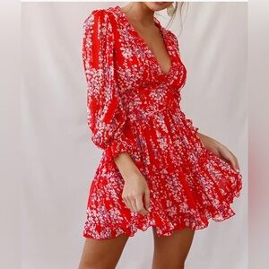 Floral Red Ruffle Dress